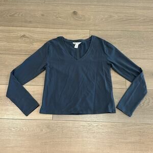 ATHLETA Blue Gray Essential V Neck Cotton Casual Long Sleeve Shirt Top‎ Size XXS